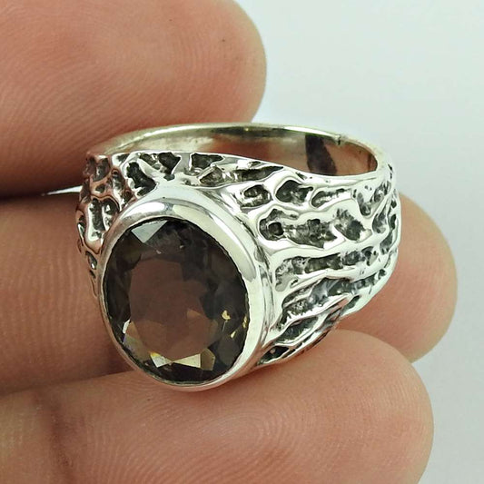 Natural Smoky Quartz 925 Silver Solitaire Boho Ring Size 7.5 For Women A13