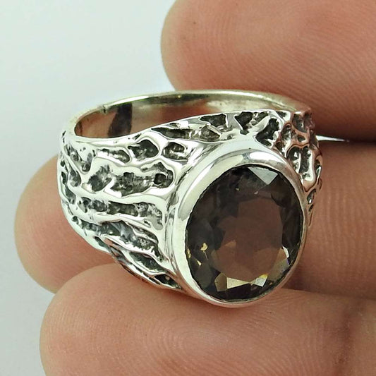 Woman Gift Cocktail Ring Size 7.5 925 Silver Natural Smoky Quartz A37