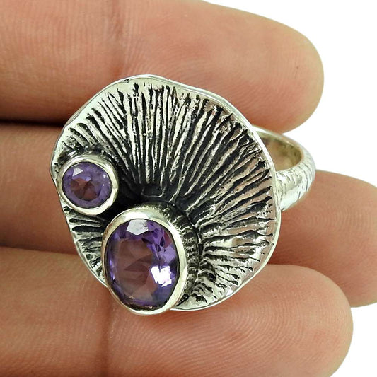 Woman Gift 925 Sterling Silver Natural Amethyst Statement Ring Size 8.5 G37