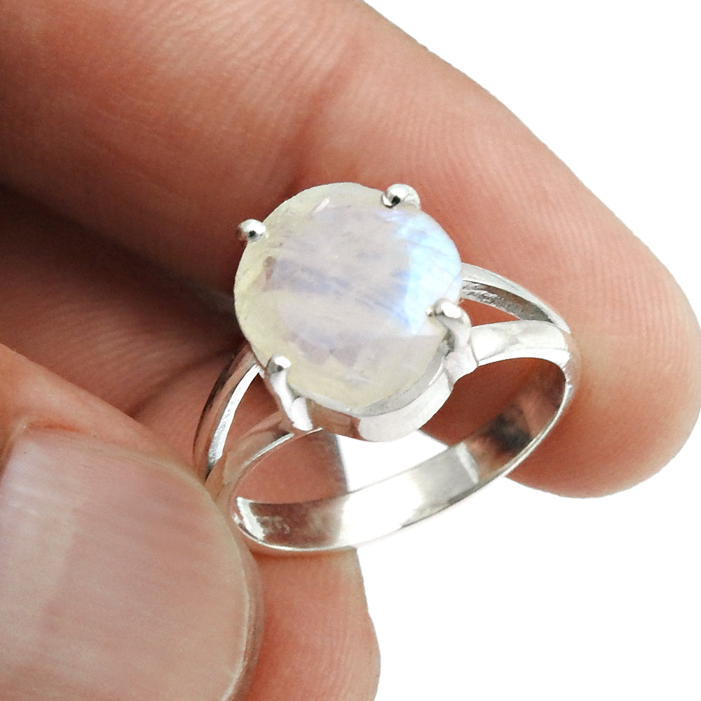 Natural Faceted Rainbow Moonstone 925 Silver Cocktail Ring Size 6 For Girls Y16