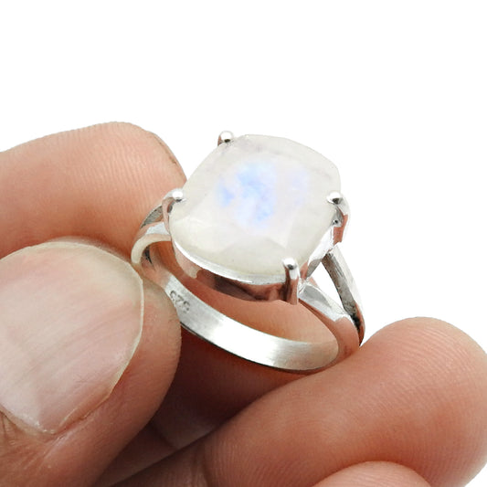 Natural Faceted Rainbow Moonstone Cocktail Ring Size 6 925 Sterling Silver I17