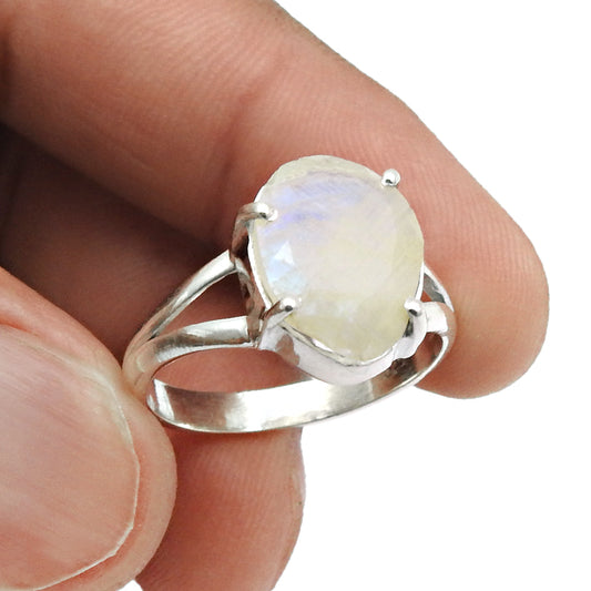 Natural Faceted Rainbow Moonstone Cocktail Ring Size 8.5 925 Silver For Women J17