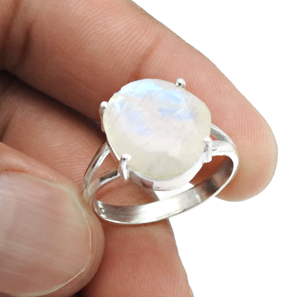 Natural Faceted Rainbow Moonstone Cocktail Ring Size 9 925 Silver For Girls Q1