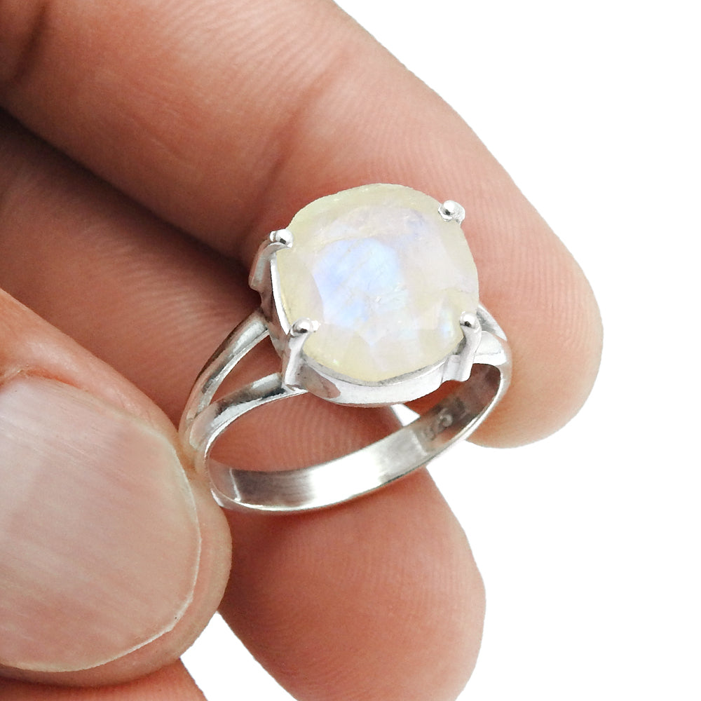 Natural Faceted Rainbow Moonstone 925 Silver Cocktail Ring Size 7 For Girls C18