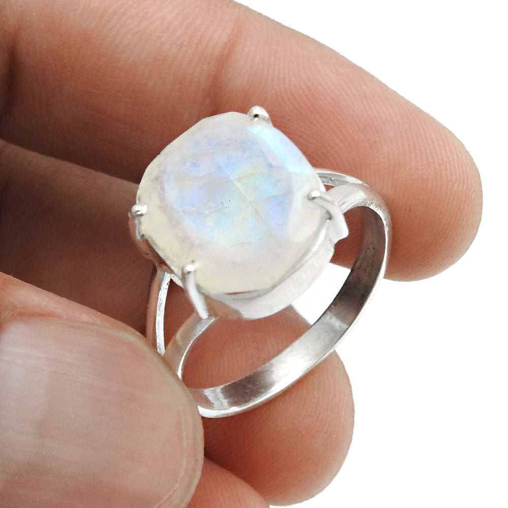 Natural Faceted Rainbow Moonstone 925 Silver Cocktail Ring Size 10 For Women E18