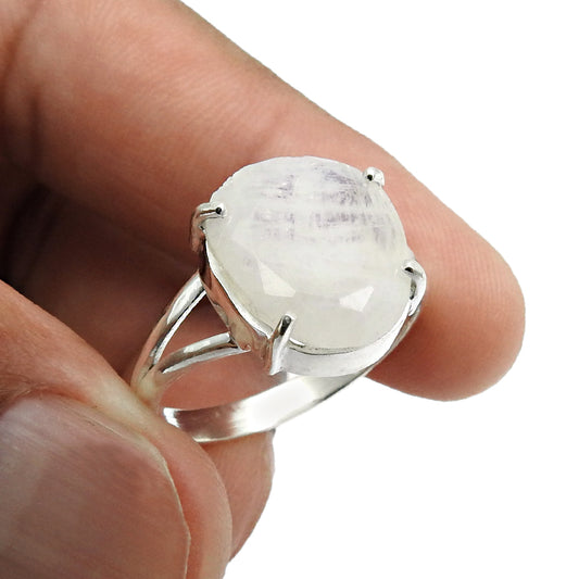 Gift For Her Natural Faceted Rainbow Moonstone Cocktail Ring Size 10 925 Silver I18