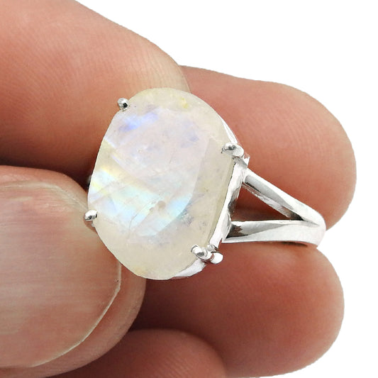 Gift For Her 925 Silver Natural Faceted Rainbow Moonstone Cocktail Ring Size 9 K18