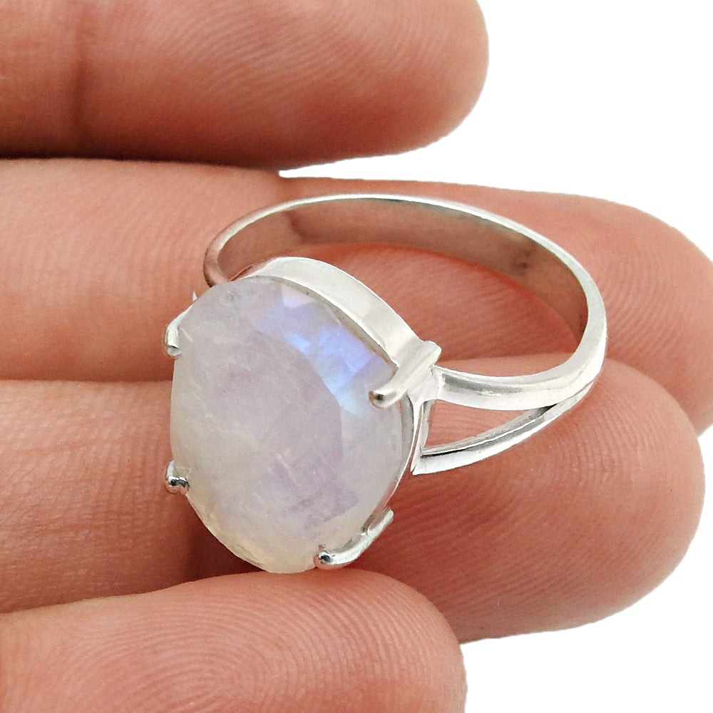Natural Faceted Rainbow Moonstone 925 Silver Cocktail Ring Size 8 For Girls L18