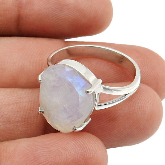 Natural Faceted Rainbow Moonstone 925 Silver Cocktail Ring Size 8 For Girls L18