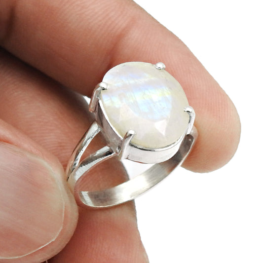 Gift For Her Natural Faceted Rainbow Moonstone Cocktail Ring Size 8 925 Silver E25