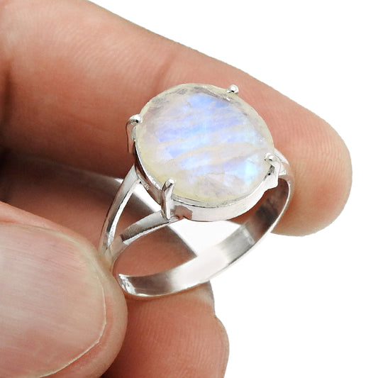 Natural Faceted Rainbow Moonstone 925 Silver Cocktail Ring Size 10 For Girls N18