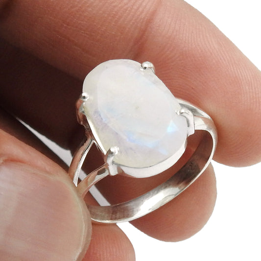 Gift For Her 925 Silver Natural Faceted Rainbow Moonstone Cocktail Ring Size 9 O18