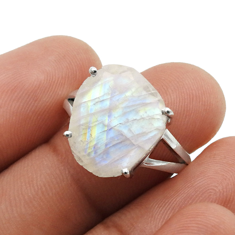 Natural Faceted Rainbow Moonstone 925 Silver Cocktail Ring Size 8 For Women P18