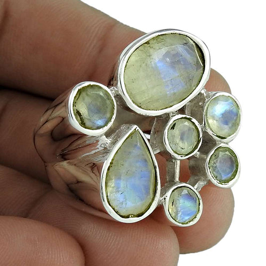 Woman Gift 925 Sterling Silver Natural Rainbow Moonstone Ring Size 9 N16