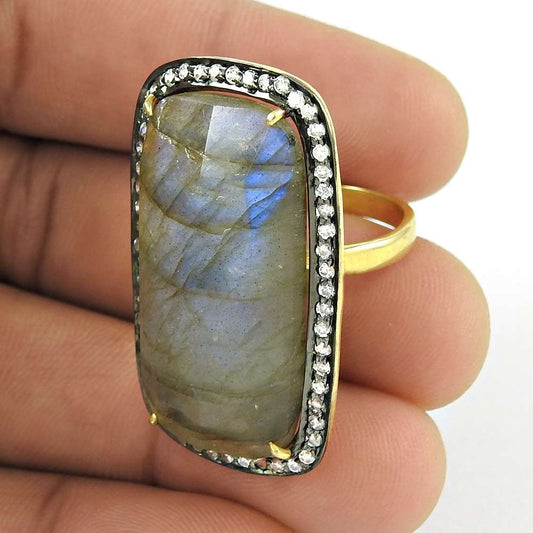 Woman Gift Natural Labradorite Solitaire Ring Size 7.5 925 Silver D39