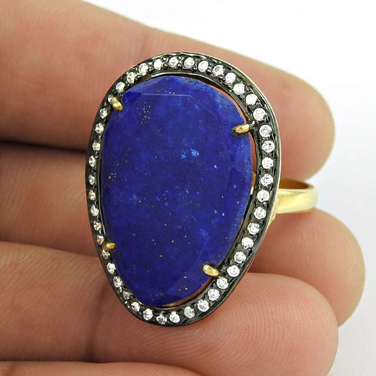 Woman Gift 925 Silver Natural Lapis Lazuli Cocktail Ring Size 7.5 F39