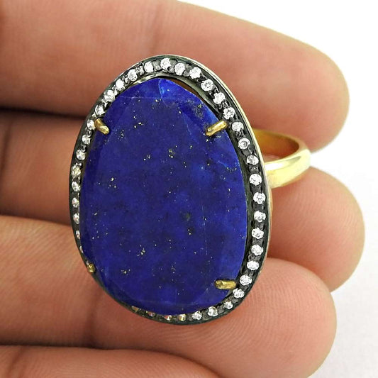 Woman Gift Natural Lapis Lazuli Solitaire Ring Size 9 925 Silver G39
