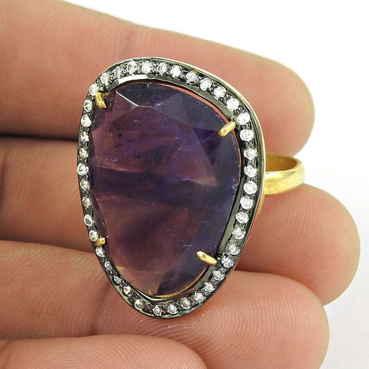 Woman Gift Natural Amethyst Gemstone 925 Silver Statement Ring Size 9 I39
