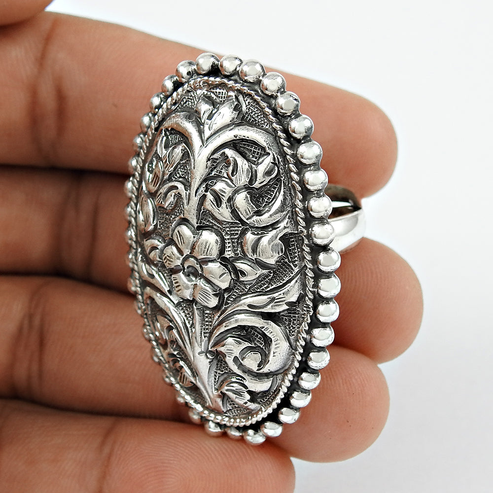 Rava Work Solid Oxidized 925 Sterling Silver Ring