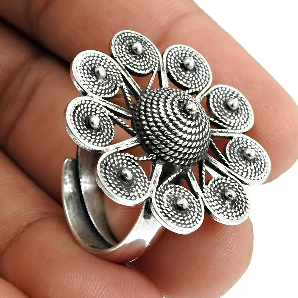 Solid 925 Sterling Silver Flower Adjustable Ring Handmade Jewelry Y73