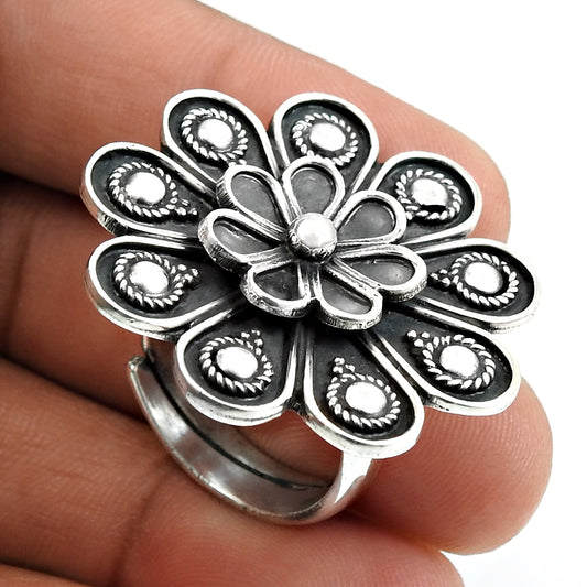 Solid 925 Sterling Silver Flower adjustable Ring Vintage Look Jewelry P74