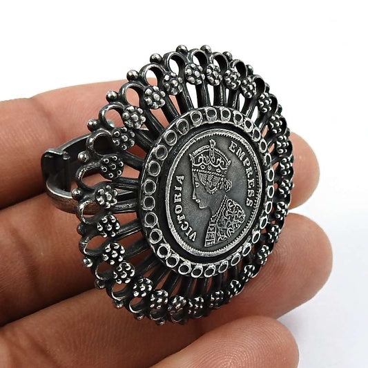 Victoria Coin Adjustable Ring 925 Solid Sterling Oxidized Silver HANDMADE Jewelry X30
